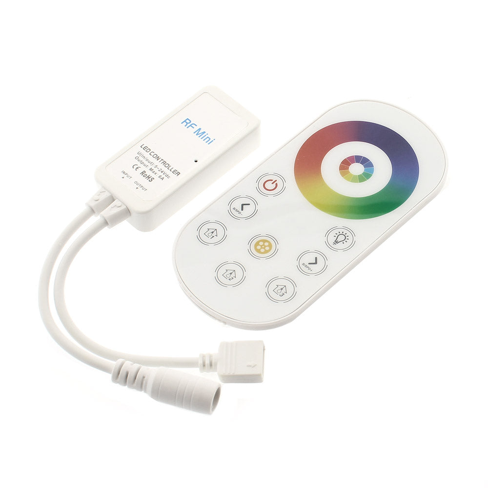 Kit que incluye controlador y mando a ditancia RF para tiras LED RGB. Su mando a distancia de cuidado diseño y múltiples funciones: encendido/apagado, regulación de color de luz, intensidad, efectos, etc.