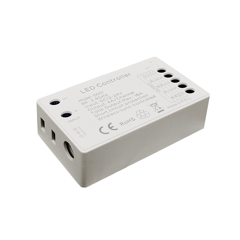 Controlador RF de altas prestaciones y reducidas dimensiones para cualquier tipo de tira led RGBW, RGB, CCT DUAL y MONO.  En combinación con el mando a distancia LD1051530 permite controlar todos los parámetros de las tiras led conectadas.