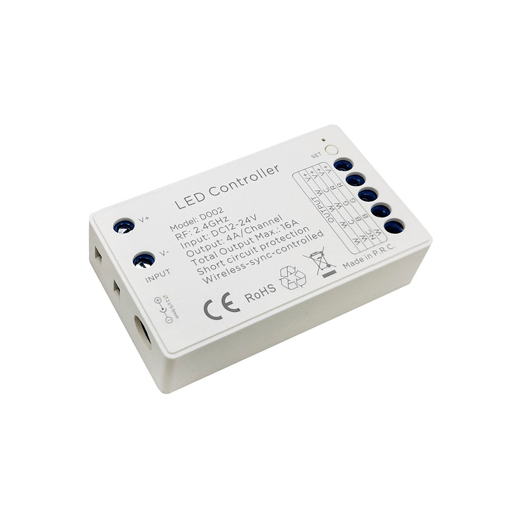 Controlador de altas prestaciones para cualquier tipo de tira led RGBW, RGB, CCT DUAL y MONO. En combinación del mando a distancia LD1051529 permite controlar hasta 4 zonas diferentes. Con autosincronización, transmite los comandos recibidos al resto de controladores a su alcance (20m) aumentando significativamente la distancia de la instalación. 