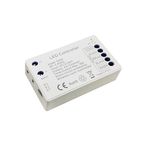 Controlador de altas prestaciones para cualquier tipo de tira led RGBW, RGB, CCT DUAL y MONO. En combinación del mando a distancia LD1051529 permite controlar hasta 4 zonas diferentes. Con autosincronización, transmite los comandos recibidos al resto de controladores a su alcance (20m) aumentando significativamente la distancia de la instalación. 