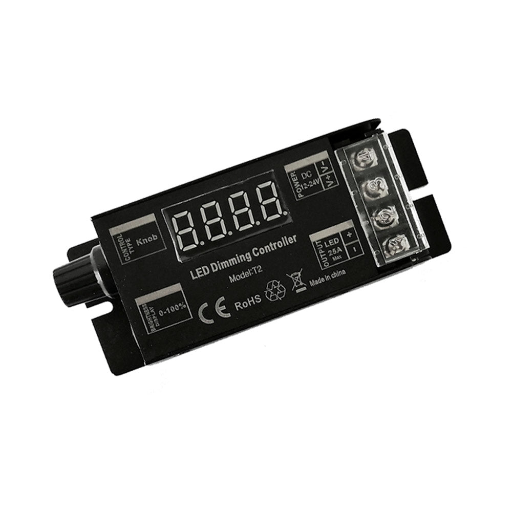 Controlador de alta potencia 25A para tiras led MONO. Dispone de rueda manual y sincronización RF. Con display digital y autosincronización, transmite los comandos recibidos al resto de controladores a su alcance (20m) aumentando significativamente la distancia de la instalación. 