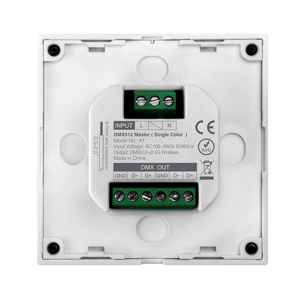 Master DMX512 y soporte RDM, 1Ch monocolor. Permite el control de hasta 4 zonas de forma independientes o conjunta. Con emisor de comandos RF para control con mando a distancia y WiFi APP (opcional).