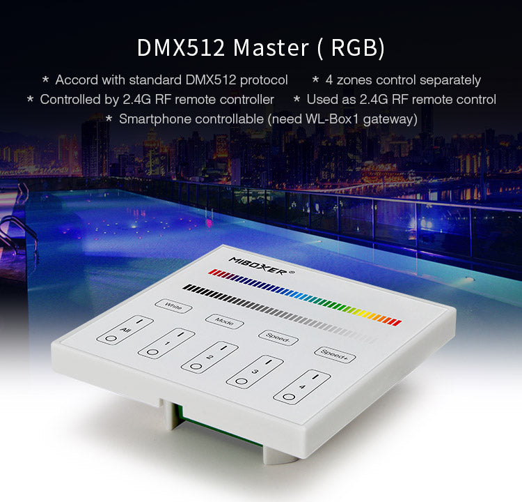 Master DMX512 y soporte RDM, RGB. Permite el control de hasta 4 zonas de forma independientes o conjunta. Con emisor de comandos RF para control con mando a distancia y WiFi APP (opcional).