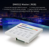 Master DMX512 y soporte RDM, RGB. Permite el control de hasta 4 zonas de forma independientes o conjunta. Con emisor de comandos RF para control con mando a distancia y WiFi APP (opcional).