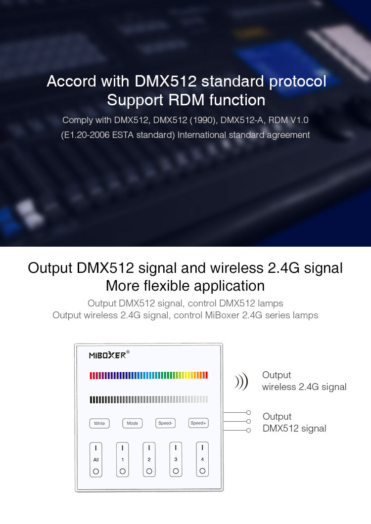 Master DMX512 y soporte RDM, RGB. Permite el control de hasta 4 zonas de forma independientes o conjunta. Con emisor de comandos RF para control con mando a distancia y WiFi APP (opcional).