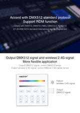 Master DMX512 y soporte RDM, RGB. Permite el control de hasta 4 zonas de forma independientes o conjunta. Con emisor de comandos RF para control con mando a distancia y WiFi APP (opcional).