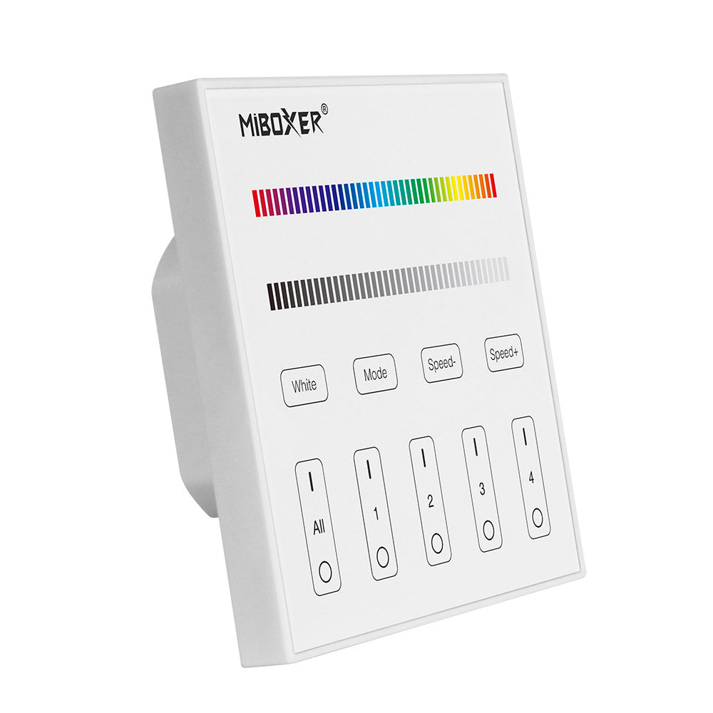 Master DMX512 y soporte RDM, RGBW. Permite el control de hasta 4 zonas de forma independientes o conjunta. Con emisor de comandos RF para control con mando a distancia y WiFi APP (opcional).