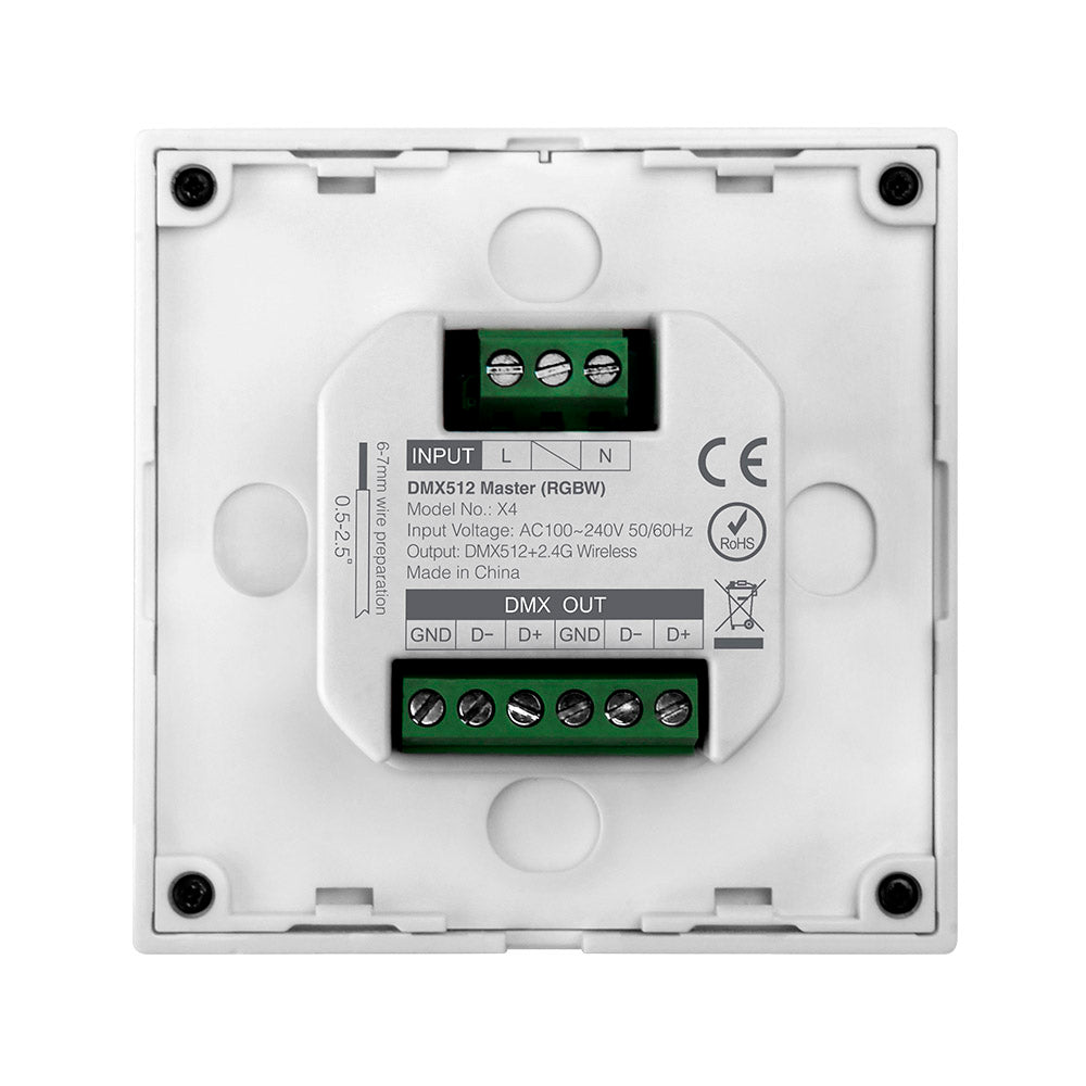 Master DMX512 y soporte RDM, RGBW. Permite el control de hasta 4 zonas de forma independientes o conjunta. Con emisor de comandos RF para control con mando a distancia y WiFi APP (opcional).