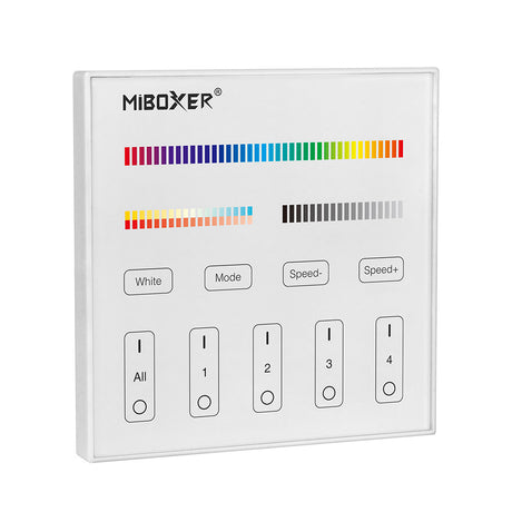 Master DMX512 y soporte RGB+CCT, RGBW. Permite el control de hasta 4 zonas de forma independientes o conjunta. Con emisor de comandos RF para control con mando a distancia y WiFi APP (opcional).