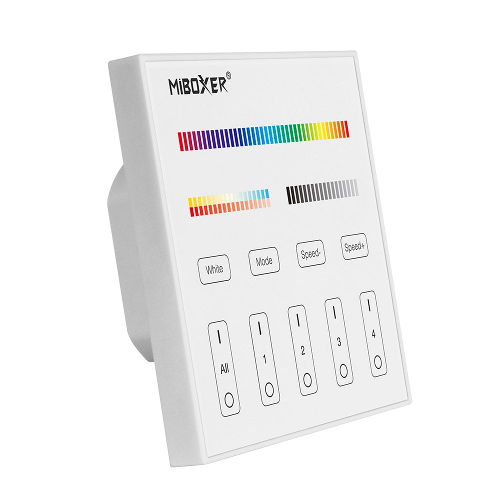 Master DMX512 y soporte RGB+CCT, RGBW. Permite el control de hasta 4 zonas de forma independientes o conjunta. Con emisor de comandos RF para control con mando a distancia y WiFi APP (opcional).