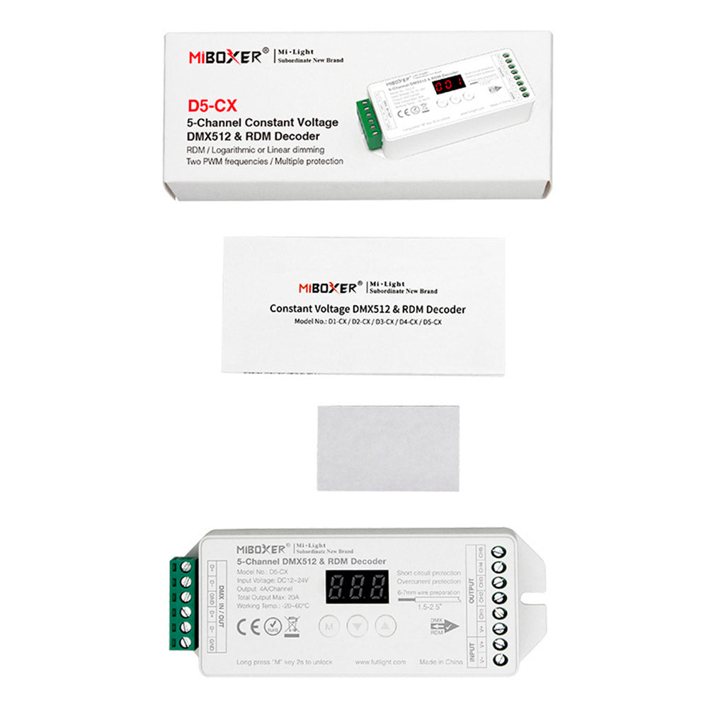 Decoder DMX512 con soporte RDM, 5Ch RGB+CCT. Con display y selector de opciones. y múltiples sistemas de protección incorporados.