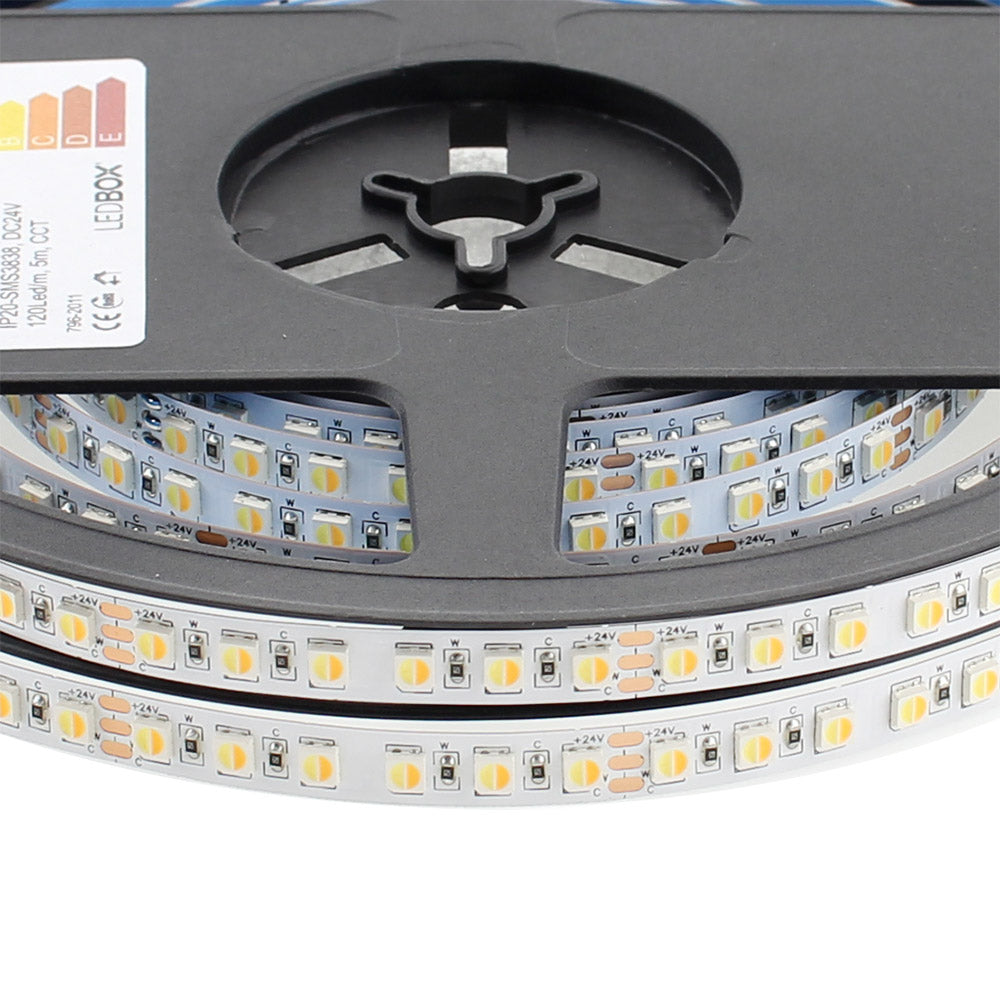 Tira LED flexibles de alto rendimiento con posibilidad de ajustar el tono de luz blanca en toda su gama de tonalidad. Incorpora 240 led por metro para una mejor difusión de la luz.