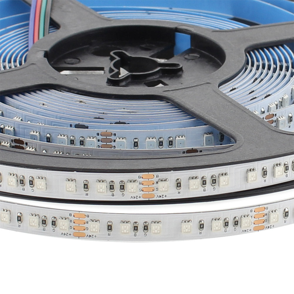 Tira LED RGB con el nuevo Chip Samsung SMD2835 de alta potencia lumínica. Su alta densidad de 120 led por metro y alta potencia aseguran los mejores resultados para cualquier proyecto. Disponen en el reverso de cinta adhesiva 3M 300LSE de gran adherencia. Ideales para crear efectos ambientales decorativos.