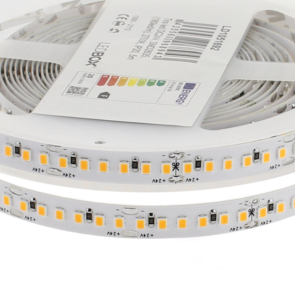 Tira LED de alta potencia lumínica SMD2835. Incorpora cinta adhesiva 3M-300LSE de máxima calidad para colocar la tira en cualquier superficie. Tira de 5 metros.