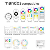 Controlador para tiras led CCT (blanco dual) de 220V. Permite su control con mando a distancia compatible, APP (Android o IOs) o por voz con Alexa mediante controlador compatible. Transmite los comandos recibidos al resto de controladores a su alcance (30m) aumentando significativamente la distancia de la instalación. 