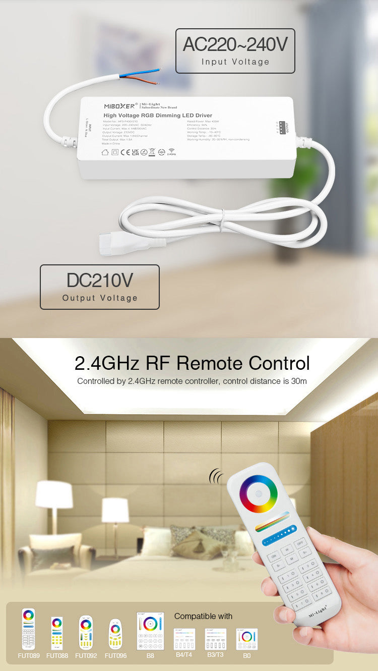Controlador para tiras led RGB de 220V. Permite su control con mando a distancia compatible, APP (Android o IOs) o por voz con Alexa mediante controlador compatible. Transmite los comandos recibidos al resto de controladores a su alcance (30m) aumentando significativamente la distancia de la instalación. 