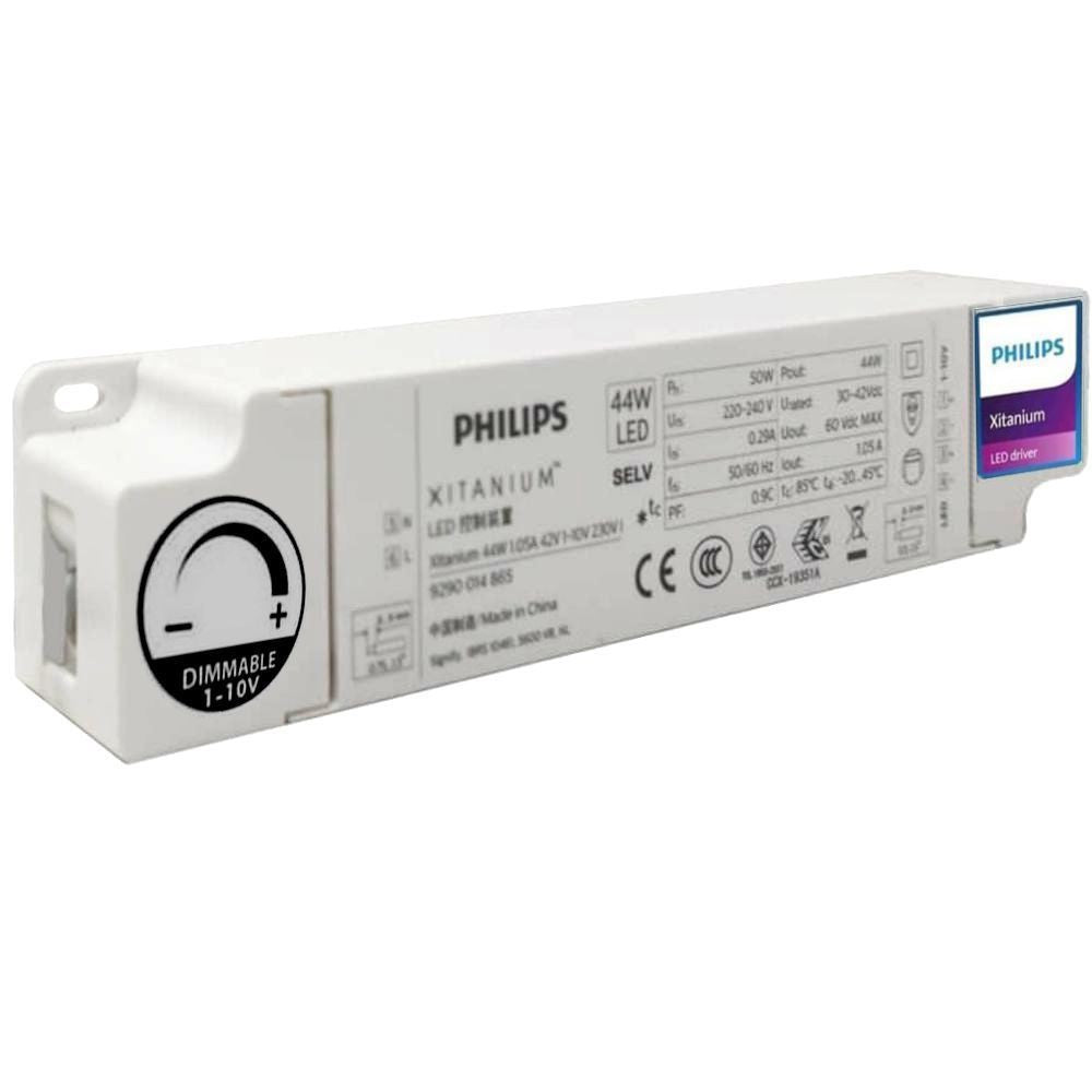 Driver DIMABLE XITANIUM Philips para Luminarias LED de hasta 44W - 1050mA - 1-10V. Especialmente diseñado para la regulación de focos led (paneles led, proyectores led, luminarias led de farolas, campanas industriales y similares) proporciona una gran economía y eficiencia.