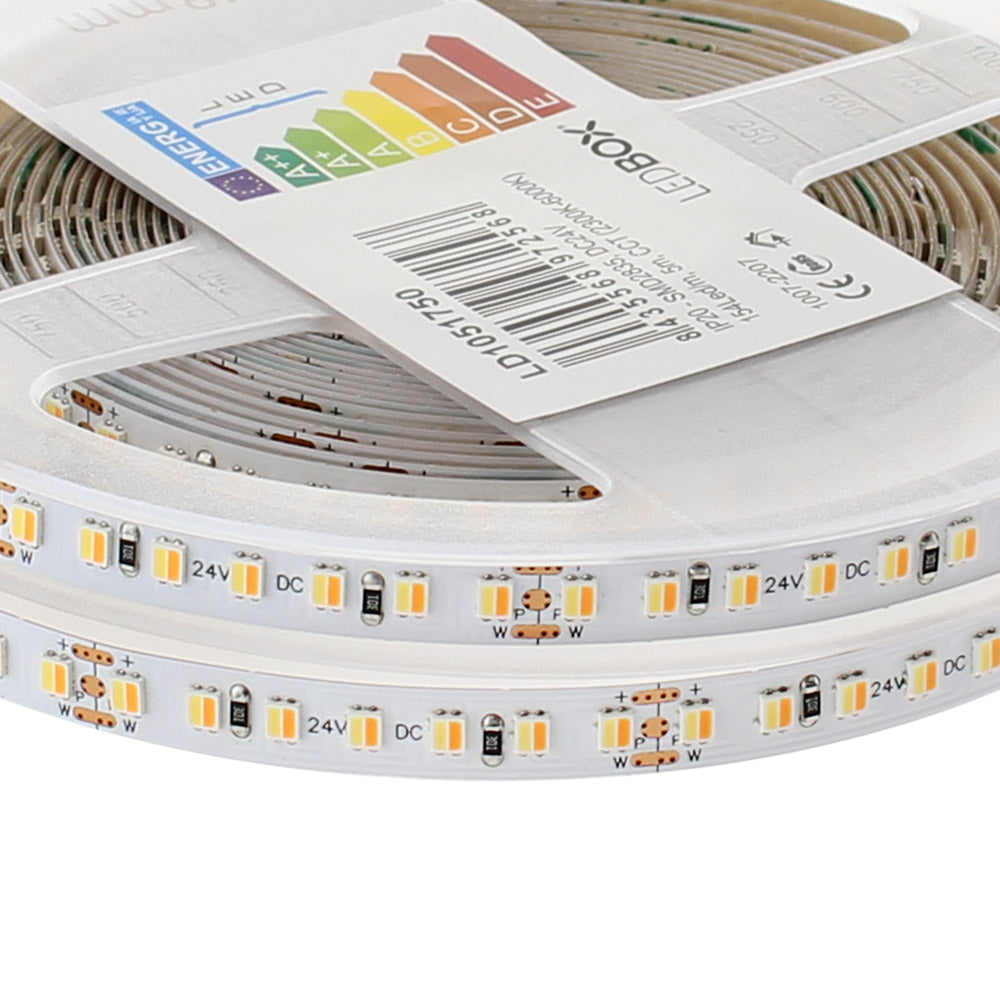 Tira LED flexibles de alto rendimiento con posibilidad de ajustar el tono de luz blanca en toda su gama de tonalidad. Incorpora 154led por metro para una mejor difusión de la luz y un CRI>90 para una reproducción cromática perfecta.