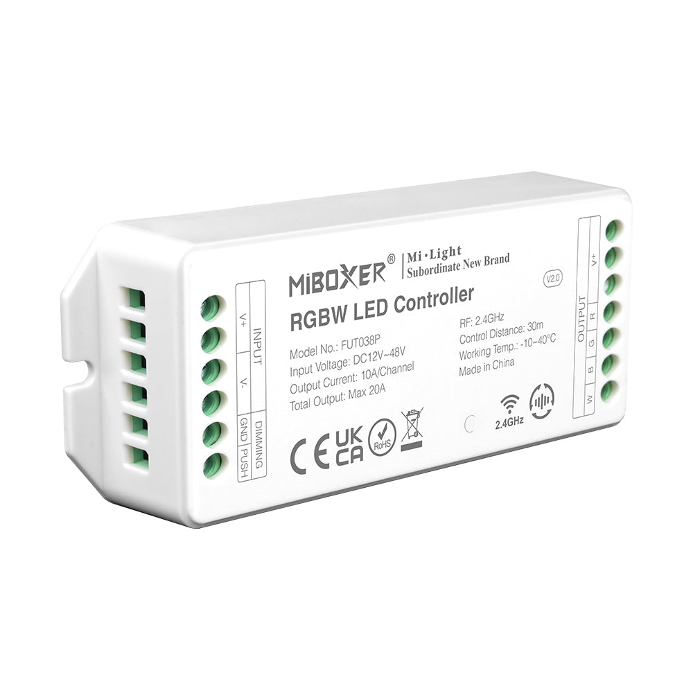 Con tecnología inalámbrica de 2.4GHz de bajo consumo, transmisión de señal de 30m y anti-interferencias. Con transmisión y sincronización automática. Soporte de dimmer con puslador. Con salida DC12-48V, 20A.