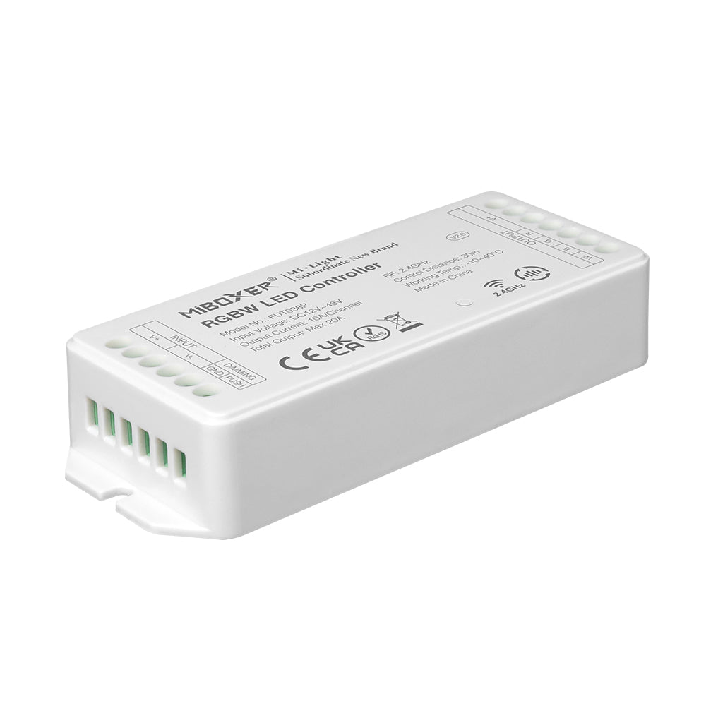 Con tecnología inalámbrica de 2.4GHz de bajo consumo, transmisión de señal de 30m y anti-interferencias. Con transmisión y sincronización automática. Soporte de dimmer con puslador. Con salida DC12-48V, 20A.