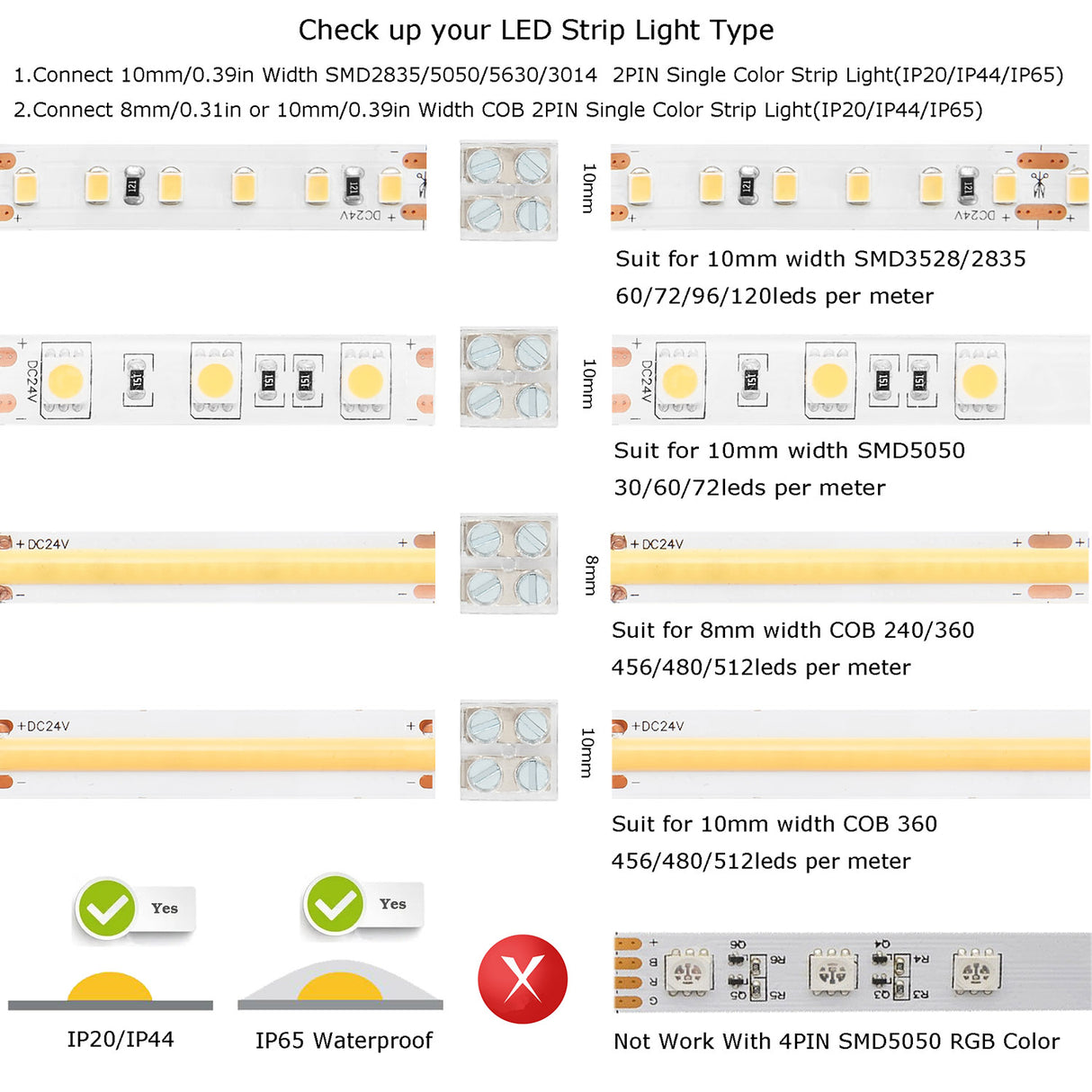 Conector con tornillos para unir tramos de tiras led SMD / COB no estancas IP20. IP44 o IP65 con PCB (ancho) de 10mm. Una forma fácil y sencilla de conexión de las tiras led.