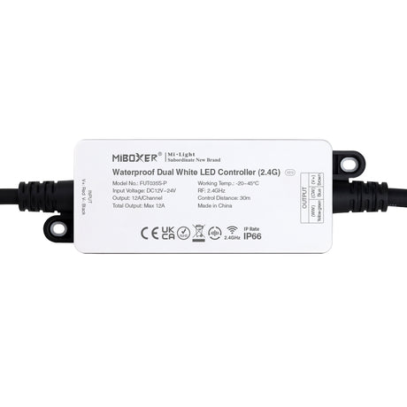Control profesional con protección IP66 para tiras LED blanco dual CCT. Dimmer RF 2.4G para variar la intensidad y temperatura de color de la luz que emiten las tiras LED por control remoto. 