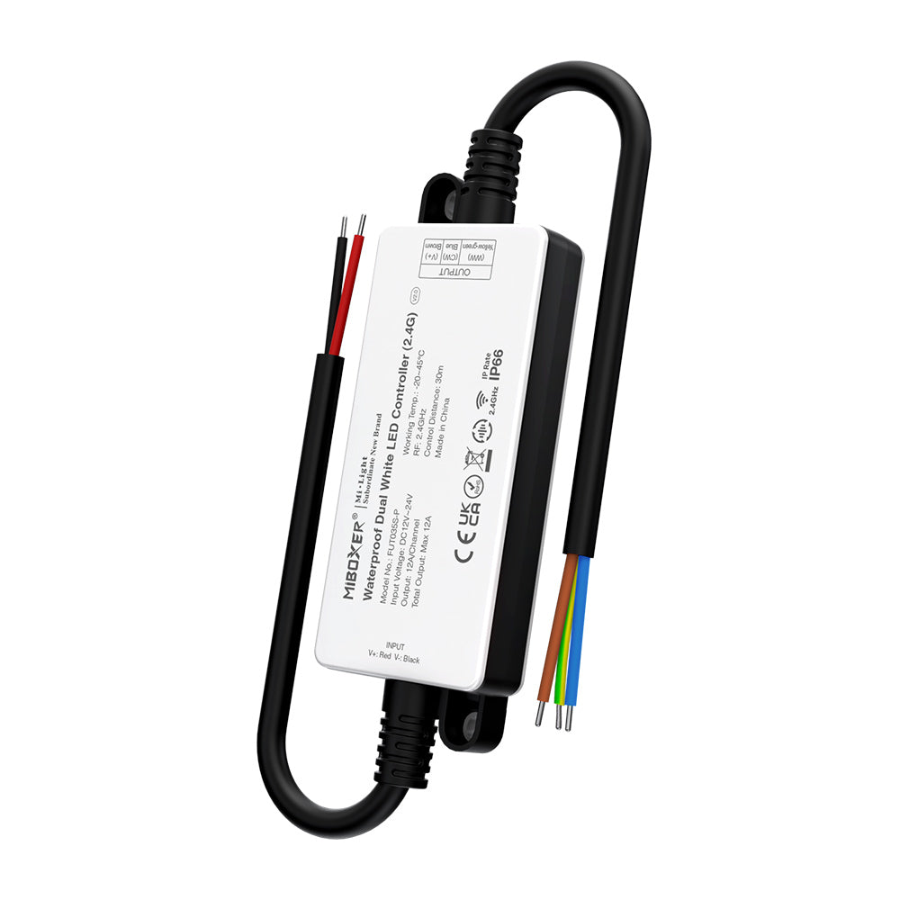 Control profesional con protección IP66 para tiras LED blanco dual CCT. Dimmer RF 2.4G para variar la intensidad y temperatura de color de la luz que emiten las tiras LED por control remoto. 