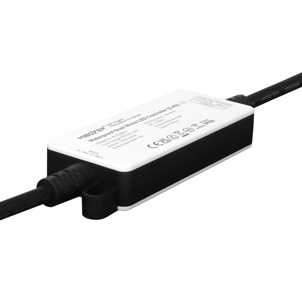 Control profesional con protección IP66 para tiras LED blanco dual CCT. Dimmer RF 2.4G para variar la intensidad y temperatura de color de la luz que emiten las tiras LED por control remoto. 