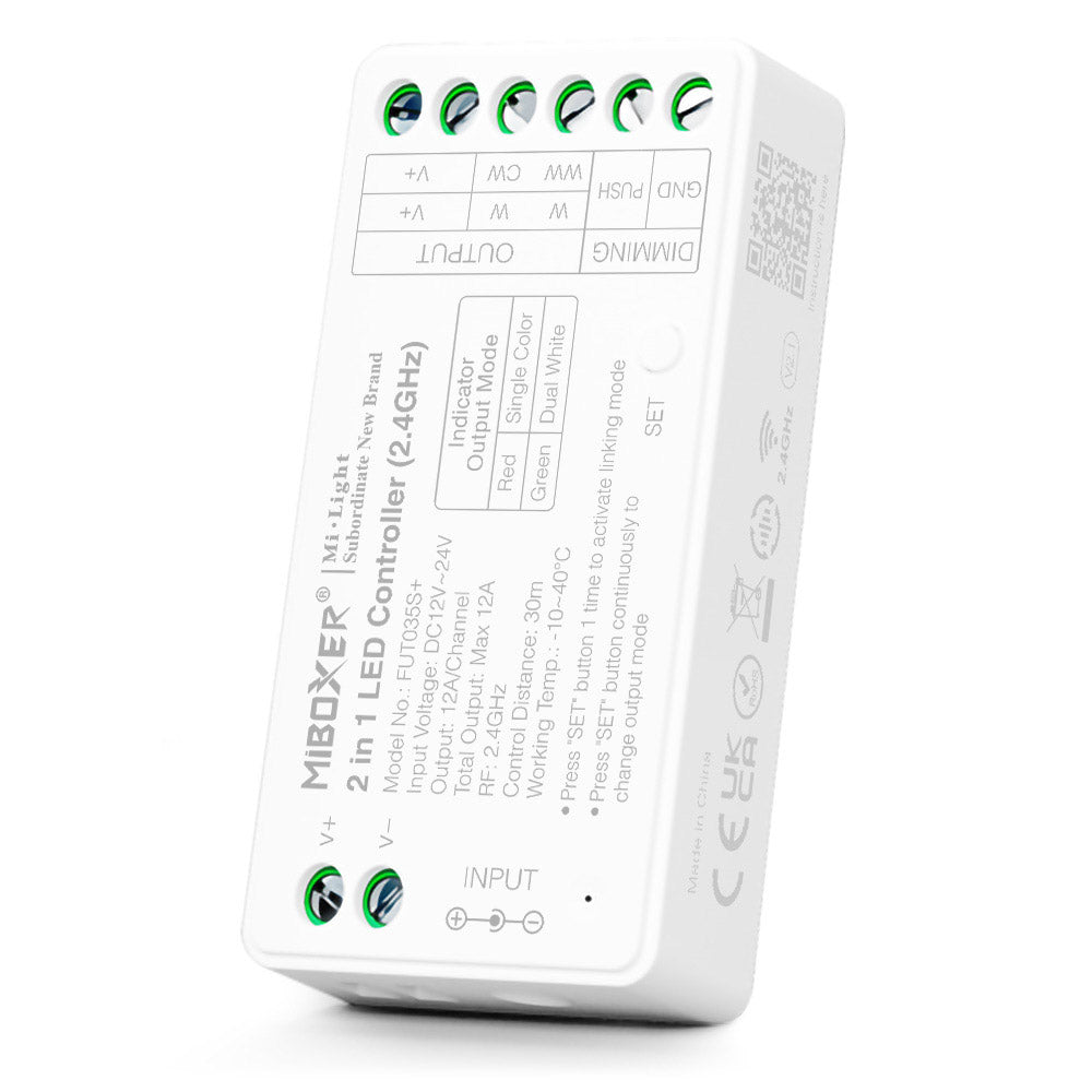 Controlador 2 en 1, para tiras monocolor y CCT o blanco dual. Dimmer RF 2.4Ghz para variar la intensidad de la luz que emiten las tiras LED y programar distintos efectos. Puede controlar 4 zonas distintas. Compatible con un amplio catálogo de mandos a distancia.