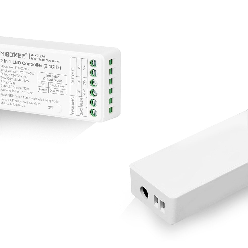 Controlador 2 en 1, para tiras monocolor y CCT o blanco dual. Dimmer RF 2.4Ghz para variar la intensidad de la luz que emiten las tiras LED y programar distintos efectos. Puede controlar 4 zonas distintas. Compatible con un amplio catálogo de mandos a distancia.