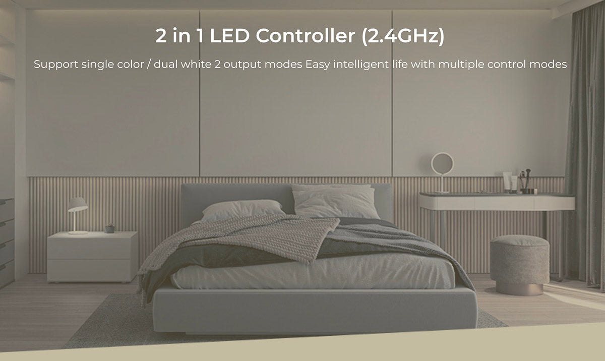 Controlador 2 en 1, para tiras monocolor y CCT o blanco dual. Dimmer RF 2.4Ghz para variar la intensidad de la luz que emiten las tiras LED y programar distintos efectos. Puede controlar 4 zonas distintas. Compatible con un amplio catálogo de mandos a distancia.