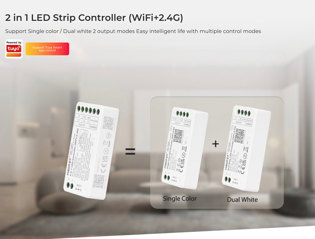 Controlador de última generación para cualquier tipo de tira led CCT DUAL y MONOcolor. Puedes controlar las tiras con cualquier mando RF de MyLight, a través de conectividad 2.4G RF y WiFi mediante APP a través del smartphone Android o iOS y compatible con Alexa (el control por voz de Amazon). Autosincronización con el resto de controladores a su alcance (30m) aumentando significativamente la distancia de la instalación. Un nuevo concepto de controladores profesionales para el control de cualquier tipo de t