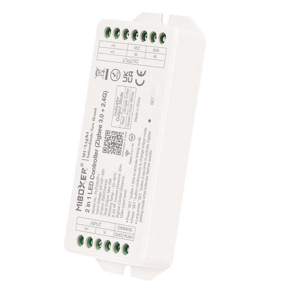 Controlador compatible con el standar Zigbee 3.0 + 2.4G RF 2 en 1, para tiras monocolor y CCT blanco dual. Proporciona a los usuarios un control inteligente de las tiras led monocolor conectadas. Fácil instalación y conectividad ZigBee. Control por ZigBee 3 + 2.4G RF + Philips Hue + APP Tuya + Amazon Alexa + Google Home + IKEA TRADFRI