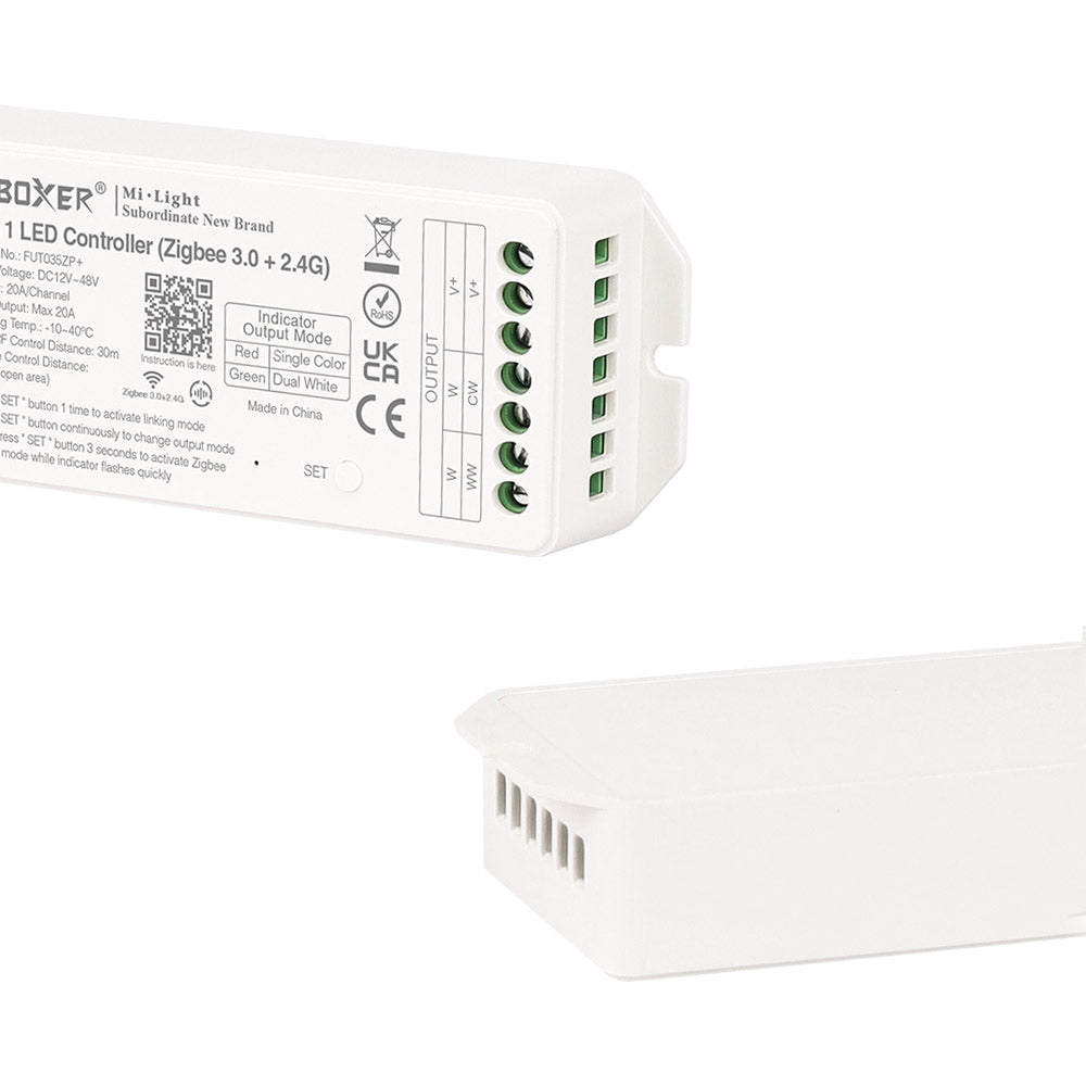 Controlador compatible con el standar Zigbee 3.0 + 2.4G RF 2 en 1, para tiras monocolor y CCT blanco dual. Proporciona a los usuarios un control inteligente de las tiras led monocolor conectadas. Fácil instalación y conectividad ZigBee. Control por ZigBee 3 + 2.4G RF + Philips Hue + APP Tuya + Amazon Alexa + Google Home + IKEA TRADFRI