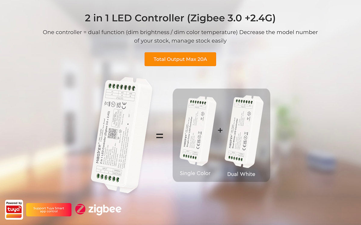 Controlador compatible con el standar Zigbee 3.0 + 2.4G RF 2 en 1, para tiras monocolor y CCT blanco dual. Proporciona a los usuarios un control inteligente de las tiras led monocolor conectadas. Fácil instalación y conectividad ZigBee. Control por ZigBee 3 + 2.4G RF + Philips Hue + APP Tuya + Amazon Alexa + Google Home + IKEA TRADFRI