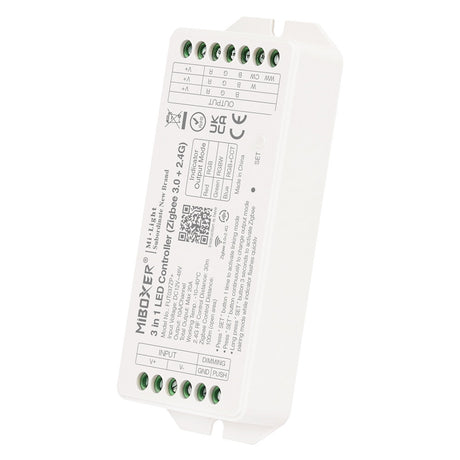 Controlador compatible con el standar Zigbee 3.0 + 2.4G RF 2 en 1, para tiras RGB+RGBW+RGBCCT. Proporciona a los usuarios un control inteligente de las tiras led monocolor conectadas. Fácil instalación y conectividad ZigBee. Control por ZigBee 3 + 2.4G RF + Philips Hue + APP Tuya + Amazon Alexa + Google Home + IKEA TRADFRI