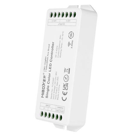 Controlador 2 en 1, para tiras monocolor y CCT o blanco dual. Con tecnología inalámbrica de 2.4GHz de bajo consumo, transmisión de señal de 30m y anti-interferencias. Con transmisión y sincronización automática. Soporte de dimmer con pulsador. Con salida DC12-48V, 20A. Puede controlar 4 zonas distintas. Compatible con un amplio catálogo de mandos a distancia.