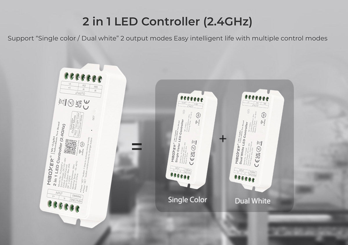 Controlador 2 en 1, para tiras monocolor y CCT o blanco dual. Con tecnología inalámbrica de 2.4GHz de bajo consumo, transmisión de señal de 30m y anti-interferencias. Con transmisión y sincronización automática. Soporte de dimmer con pulsador. Con salida DC12-48V, 20A. Puede controlar 4 zonas distintas. Compatible con un amplio catálogo de mandos a distancia.