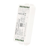 Controlador 3 en 1, controla tiras RGB / RGBW o RGB+CCT con el mismo controlador. Hasta 4 zonas diferentes de tiras led con una potencia de 20A (10A por canal). Con auto-transmisión entre los demás controladores con lo que se consiguen distancias sin límites y compatible con una amplia gama de mandos a distancia RF de mano, pared, APP, Wifi, Amazon Alexa y Google Assistant. Compatible con transmisor DMX. Con salida DC12-48V, 20A.
