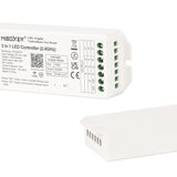 Controlador 3 en 1, controla tiras RGB / RGBW o RGB+CCT con el mismo controlador. Hasta 4 zonas diferentes de tiras led con una potencia de 20A (10A por canal). Con auto-transmisión entre los demás controladores con lo que se consiguen distancias sin límites y compatible con una amplia gama de mandos a distancia RF de mano, pared, APP, Wifi, Amazon Alexa y Google Assistant. Compatible con transmisor DMX. Con salida DC12-48V, 20A.