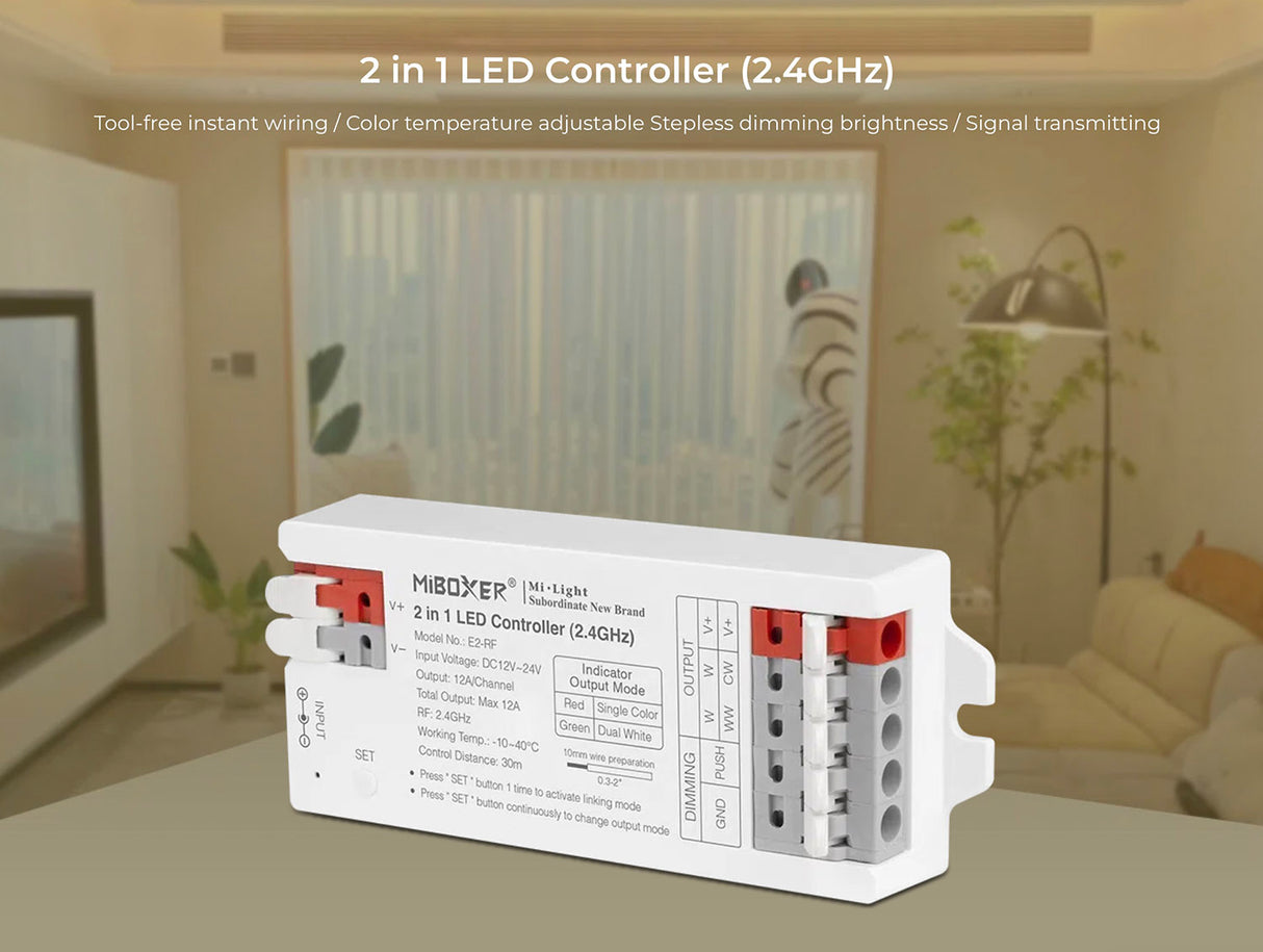 Controlador 2 en 1 con conectores rápidos, para tiras monocolor y CCT o blanco dual. Dimmer RF 2.4Ghz para variar la intensidad de la luz que emiten las tiras LED y programar distintos efectos. Puede controlar 4 zonas distintas. Compatible con un amplio catálogo de mandos a distancia.