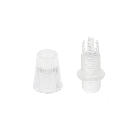 Pieza para aprisionar el cable fabricado en plástico transparente o el cable redondo de 2 hilos para colgar luminarias led. Ideal para descolgar perfiles led. Con diámetro de tuerca exterior de Ø 10mm y diámetro  interior para el paso de cable de Ø 5mm