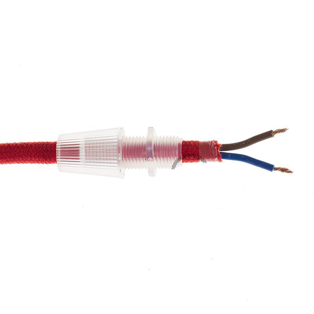 Pieza para aprisionar el cable fabricado en plástico transparente o el cable redondo de 2 hilos para colgar luminarias led. Ideal para descolgar perfiles led. Con diámetro de tuerca exterior de Ø 10mm y diámetro  interior para el paso de cable de Ø 5mm