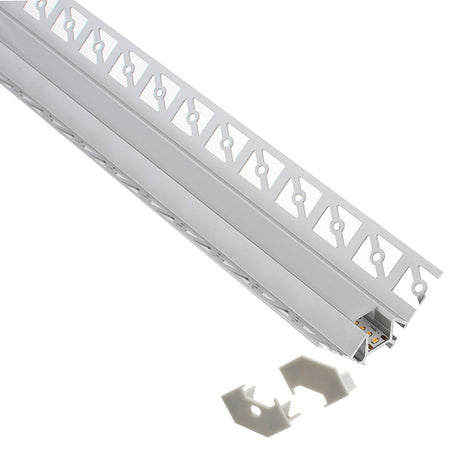 Perfil fabricado en aluminio de alta calidad ideal para iluminación de cualquier ambiente (baños, cocinas, pasillos, salones, etc) Se instala en obra entre el pladur, yeso, azulejos, etc. Dispone de aletas troqueladas que facilita la inserción del cemento u otro material para asegurar así un agarre perfecto a la pared.