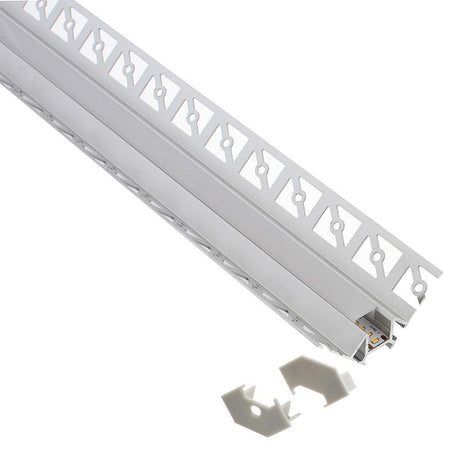 Perfil fabricado en aluminio de alta calidad ideal para iluminación de cualquier ambiente (baños, cocinas, pasillos, salones, etc) Se instala en obra entre el pladur, yeso, azulejos, etc. Dispone de aletas troqueladas que facilita la inserción del cemento u otro material para asegurar así un agarre perfecto a la pared.