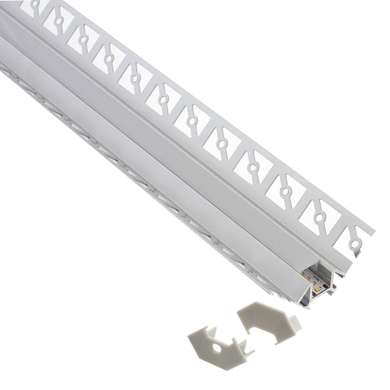 Perfil fabricado en aluminio de alta calidad ideal para iluminación de cualquier ambiente (baños, cocinas, pasillos, salones, etc) Se instala en obra entre el pladur, yeso, azulejos, etc. Dispone de aletas troqueladas que facilita la inserción del cemento u otro material para asegurar así un agarre perfecto a la pared.