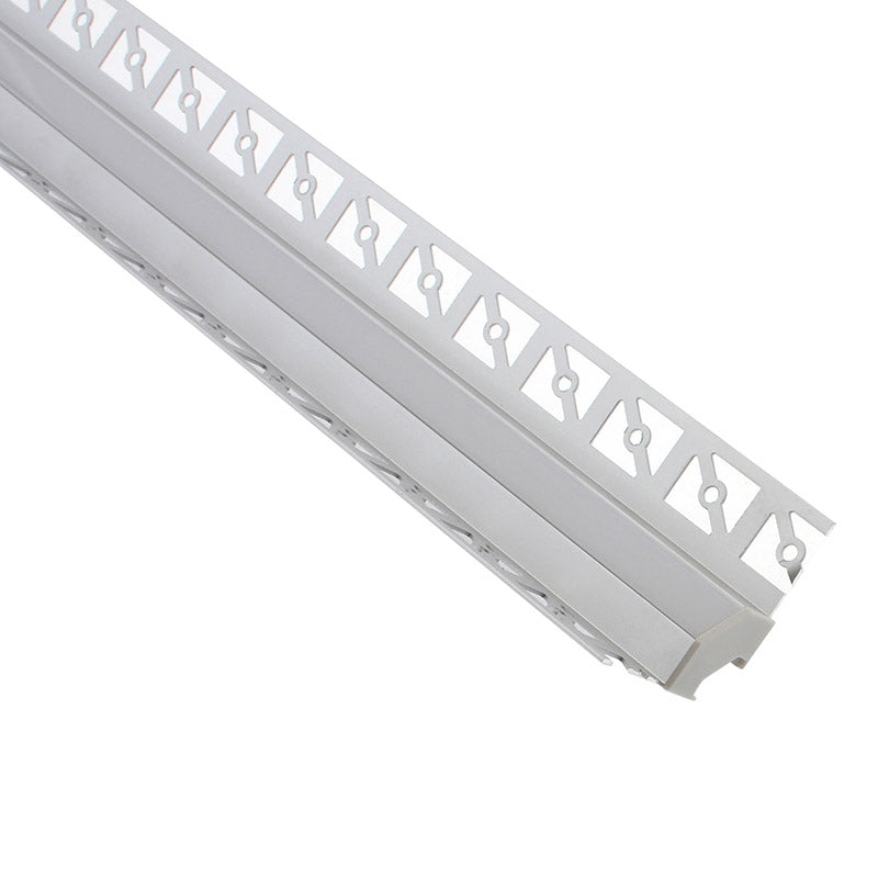 Perfil fabricado en aluminio de alta calidad ideal para iluminación de cualquier ambiente (baños, cocinas, pasillos, salones, etc) Se instala en obra entre el pladur, yeso, azulejos, etc. Dispone de aletas troqueladas que facilita la inserción del cemento u otro material para asegurar así un agarre perfecto a la pared.