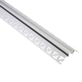 Perfil fabricado en aluminio de alta calidad ideal para iluminación de cualquier ambiente (baños, cocinas, pasillos, salones, etc) Se instala en obra entre el pladur, yeso, azulejos, etc. Dispone de aletas troqueladas que facilita la inserción del cemento u otro material para asegurar así un agarre perfecto a la pared.