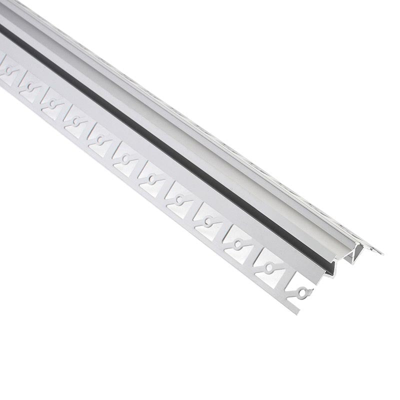 Perfil fabricado en aluminio de alta calidad ideal para iluminación de cualquier ambiente (baños, cocinas, pasillos, salones, etc) Se instala en obra entre el pladur, yeso, azulejos, etc. Dispone de aletas troqueladas que facilita la inserción del cemento u otro material para asegurar así un agarre perfecto a la pared.