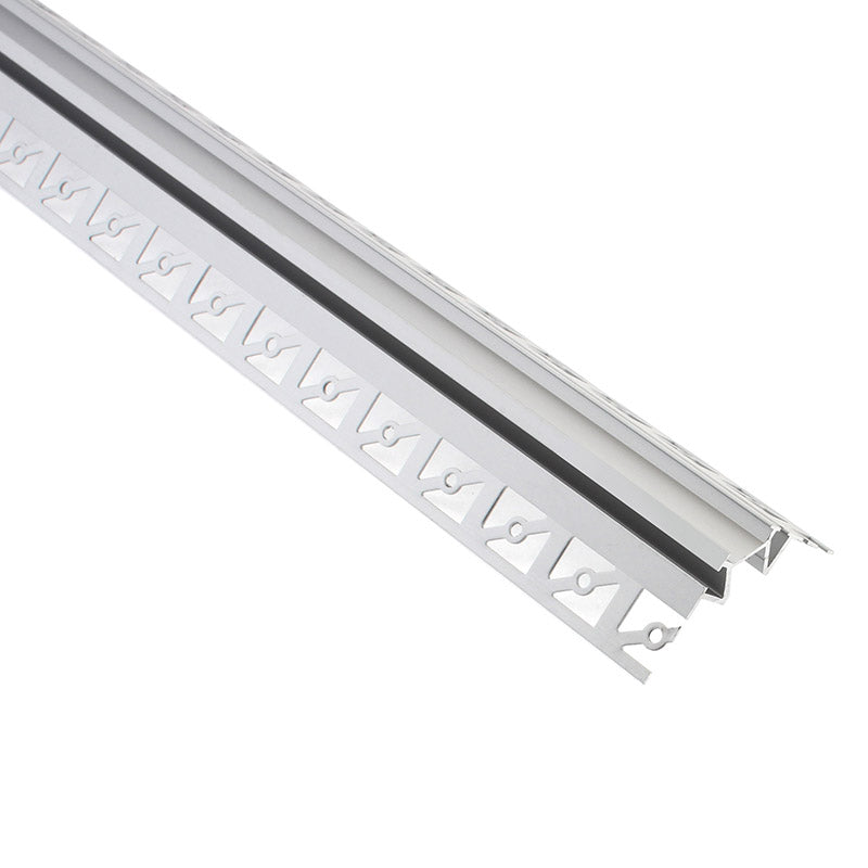 Perfil fabricado en aluminio de alta calidad ideal para iluminación de cualquier ambiente (baños, cocinas, pasillos, salones, etc) Se instala en obra entre el pladur, yeso, azulejos, etc. Dispone de aletas troqueladas que facilita la inserción del cemento u otro material para asegurar así un agarre perfecto a la pared.